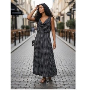 Black White Polka Dot Maxi Dress Cowl Neck Pockets Flowy SEE MEASUREMENTS